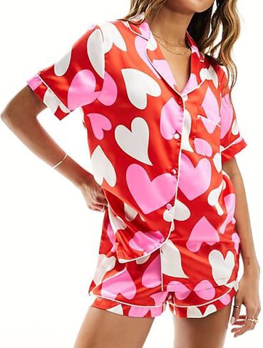 Womens Valentines Day Pajamas Shorts Set Heart Print Short Sleeve Button Up Shirts with Shorts Pj Set Sleepwear in Saudi Arabia