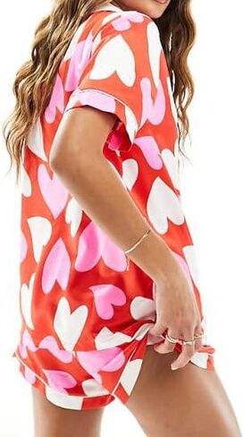 Womens Valentines Day Pajamas Shorts Set Heart Print Short Sleeve Button Up Shirts with Shorts Pj Set Sleepwear in Saudi Arabia