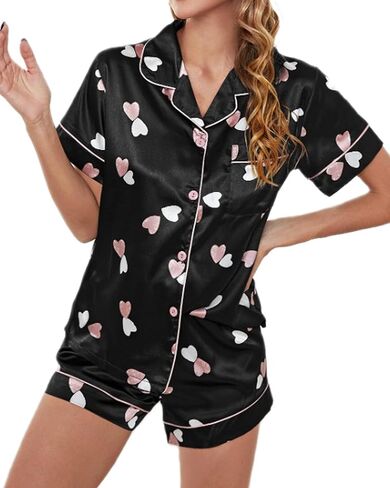 Womens Valentines Day Pajamas Shorts Set Heart Print Short Sleeve Button Up Shirts with Shorts Pj Set Sleepwear in Saudi Arabia