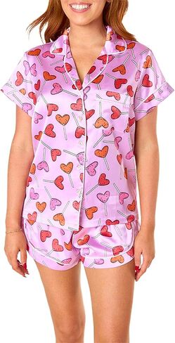 Womens Valentines Day Pajamas Shorts Set Heart Print Short Sleeve Button Up Shirts with Shorts Pj Set Sleepwear in Saudi Arabia