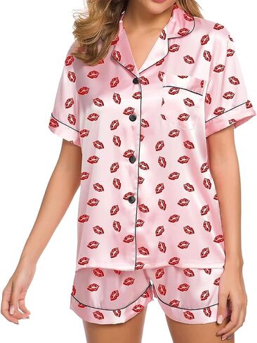 Womens Valentines Day Pajamas Shorts Set Heart Print Short Sleeve Button Up Shirts with Shorts Pj Set Sleepwear in Saudi Arabia