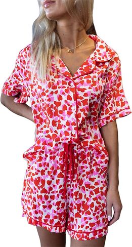 Womens Valentines Day Pajamas Shorts Set Heart Print Short Sleeve Button Up Shirts with Shorts Pj Set Sleepwear in Saudi Arabia