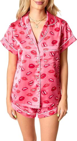 Womens Valentines Day Pajamas Shorts Set Heart Print Short Sleeve Button Up Shirts with Shorts Pj Set Sleepwear in Saudi Arabia