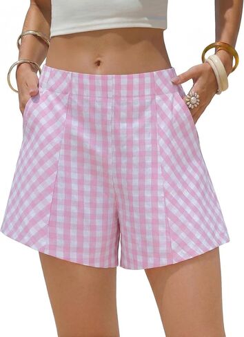 EXLURA Womens Cotton Boxer Shorts Faux Linen Gingham Shorts Summer High Waist Plaid Y2K Beach Bottoms Vacation Outfits 2026 in Saudi Arabia