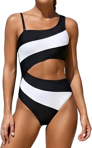 Leoparts Women's Color Block One Piece Swimsuits Monokini One Shoulder Cutout High Cut Bathing Suits Beachwear in Saudi Arabia