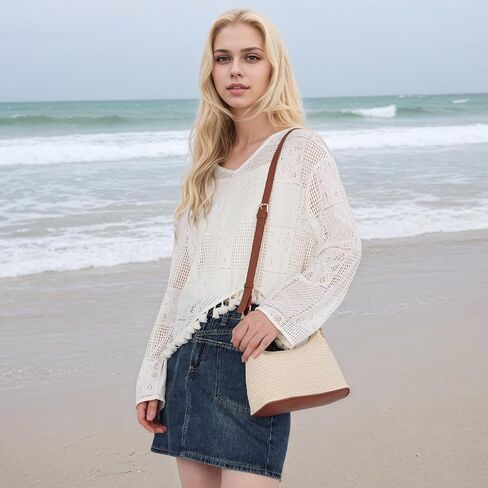 SUKUTU حقيبة القش للنساء الصيف حقيبة كتف الشاطئ عطلة المنسوجة Crossbody محفظة صغيرة مقبض علوي حقيبة يد in Kuwait