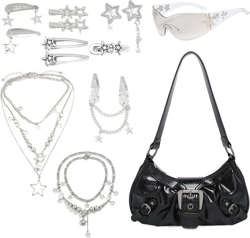 محافظ Y2k للنساء، حقيبة يد كلاسيكية بإبزيم Goth Punk Y2k، مجموعة مجوهرات ومشابك شعر، حقيبة كتف Emo للنساء in Kuwait