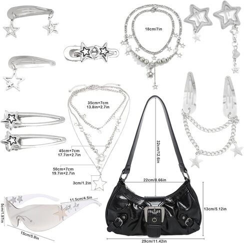 محافظ Y2k للنساء، حقيبة يد كلاسيكية بإبزيم Goth Punk Y2k، مجموعة مجوهرات ومشابك شعر، حقيبة كتف Emo للنساء in Kuwait