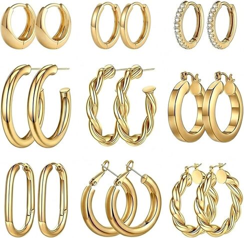 Gmai 9 Pairs 14K Gold Hoop Earrings for Women Gold Plated Brass Chunky Huggie Earrings,Nickel-Free Lightweight Multi-Styles for Daily Wear, Dates, Parties, Casual, Holidays, Birthdays in Kuwait