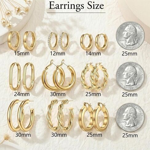 Gmai 9 Pairs 14K Gold Hoop Earrings for Women Gold Plated Brass Chunky Huggie Earrings,Nickel-Free Lightweight Multi-Styles for Daily Wear, Dates, Parties, Casual, Holidays, Birthdays in Kuwait