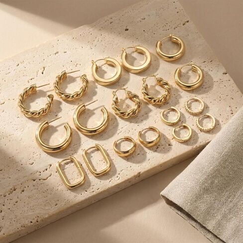 Gmai 9 Pairs 14K Gold Hoop Earrings for Women Gold Plated Brass Chunky Huggie Earrings,Nickel-Free Lightweight Multi-Styles for Daily Wear, Dates, Parties, Casual, Holidays, Birthdays in Kuwait