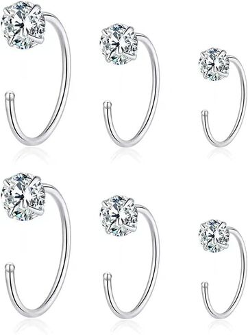 3 Pairs Round Solitaire Half Hoop Earrings for Women Girls 925 Sterling Silver Crystal Cubic Zirconia Small Tiny Cartilage Tragus Piercing Sleeper Stud Nose Ring Huggie Fake Hoops 6/8/10mm Earring Minimalist Jewelry Gifts Hypoallergenic in Saudi Arabia
