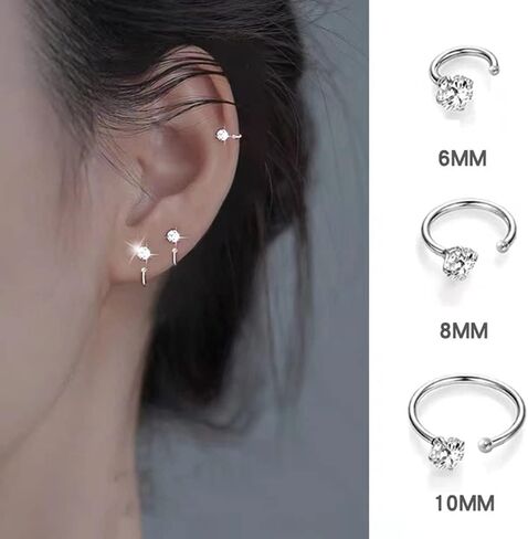 3 Pairs Round Solitaire Half Hoop Earrings for Women Girls 925 Sterling Silver Crystal Cubic Zirconia Small Tiny Cartilage Tragus Piercing Sleeper Stud Nose Ring Huggie Fake Hoops 6/8/10mm Earring Minimalist Jewelry Gifts Hypoallergenic in Saudi Arabia