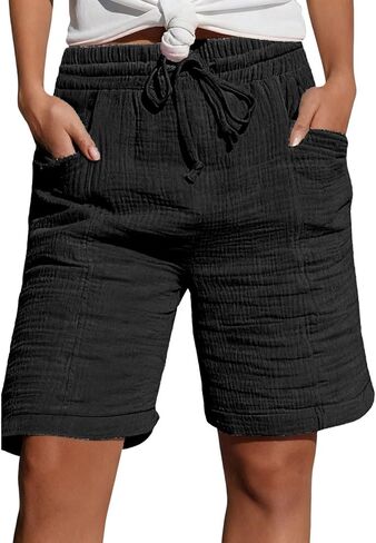 شورتات الشاطئ للنساء صيفية من الكتان برباط قصير كاجوال عالي الخصر، شورت مريح فضفاض مع جيوب in Kuwait