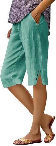 Linen Bermuda Shorts for Women Summer Casual Knee Length High Waisted Elastic Cotton Wide Leg Shorts with Pockets in Kuwait