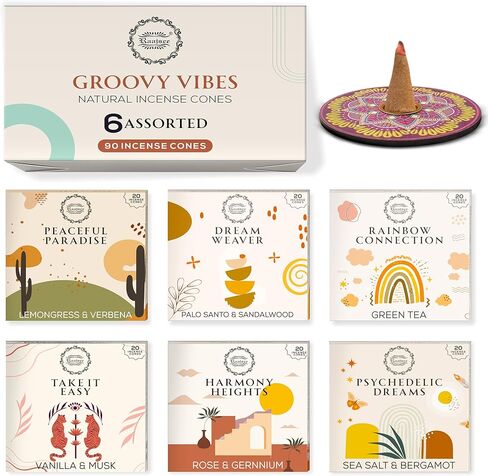 Raajsee Incense Cones, 6 Pack Island Retreat Cone Gift Pack 15 pc Each (90 Total), Insence Cones Variety Pack, 100% Organic Non Toxic Natural - Free from Chemicals,Holder Included in Kuwait