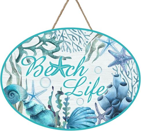 Summer Beach Life Front Door Sign, Coastal Shell Conch Starfish Coral Seaweed Wood Plaque Hanger Outdoor Porch Home Decor, Nautical Farmhouse Wooden Wreath Indoor Wall Hanging Decoration in Kuwait