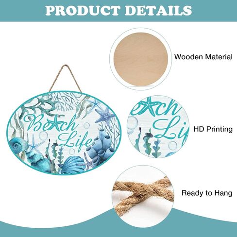 Summer Beach Life Front Door Sign, Coastal Shell Conch Starfish Coral Seaweed Wood Plaque Hanger Outdoor Porch Home Decor, Nautical Farmhouse Wooden Wreath Indoor Wall Hanging Decoration in Kuwait