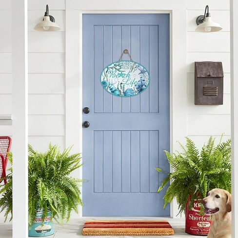 Summer Beach Life Front Door Sign, Coastal Shell Conch Starfish Coral Seaweed Wood Plaque Hanger Outdoor Porch Home Decor, Nautical Farmhouse Wooden Wreath Indoor Wall Hanging Decoration in Kuwait