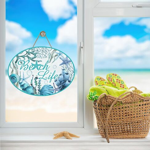 Summer Beach Life Front Door Sign, Coastal Shell Conch Starfish Coral Seaweed Wood Plaque Hanger Outdoor Porch Home Decor, Nautical Farmhouse Wooden Wreath Indoor Wall Hanging Decoration in Kuwait