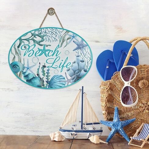 Summer Beach Life Front Door Sign, Coastal Shell Conch Starfish Coral Seaweed Wood Plaque Hanger Outdoor Porch Home Decor, Nautical Farmhouse Wooden Wreath Indoor Wall Hanging Decoration in Kuwait