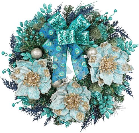 Briful 26" Teal & Green Front Door Wreath, Luxury Coastal Floral Wreath with Gold Accents, Modern Year Round Porch & Entryway Decor in Saudi Arabia
