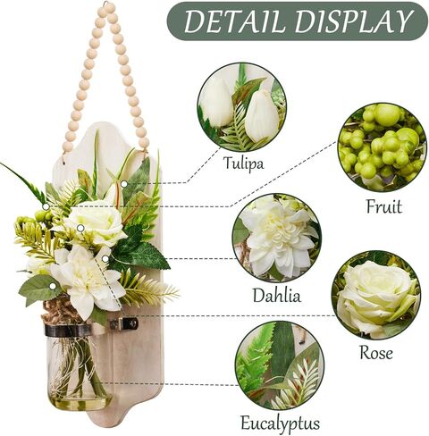 Lighted Mason Jar Wall Decor with Artificial Flowers, Wooden Welcome Sign, Battery Operated, 35 Timer LED Lights, Rustic Farmhouse Style Christmas Festival in Saudi Arabia