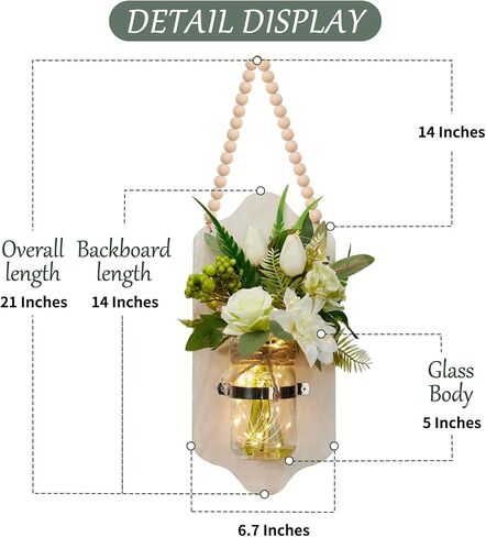 Lighted Mason Jar Wall Decor with Artificial Flowers, Wooden Welcome Sign, Battery Operated, 35 Timer LED Lights, Rustic Farmhouse Style Christmas Festival in Saudi Arabia