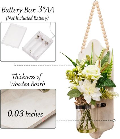 Lighted Mason Jar Wall Decor with Artificial Flowers, Wooden Welcome Sign, Battery Operated, 35 Timer LED Lights, Rustic Farmhouse Style Christmas Festival in Saudi Arabia