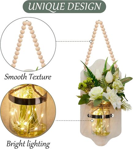 Lighted Mason Jar Wall Decor with Artificial Flowers, Wooden Welcome Sign, Battery Operated, 35 Timer LED Lights, Rustic Farmhouse Style Christmas Festival in Saudi Arabia