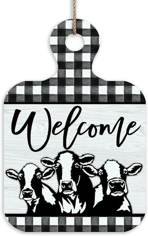 Welcome Farm Cow Cutting Board Shaped Front Door Sign, Farmhouse Animals Buffalo Plaid Wood Hanger Outdoor Outside Porch Home Decor,Vintage Country Wooden Wreath Indoor Wall Hanging Decoration in Kuwait