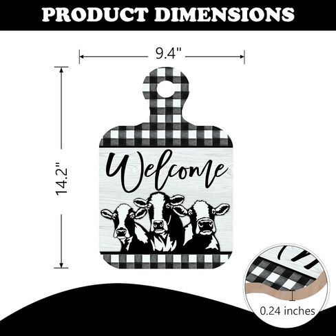 Welcome Farm Cow Cutting Board Shaped Front Door Sign, Farmhouse Animals Buffalo Plaid Wood Hanger Outdoor Outside Porch Home Decor,Vintage Country Wooden Wreath Indoor Wall Hanging Decoration in Kuwait