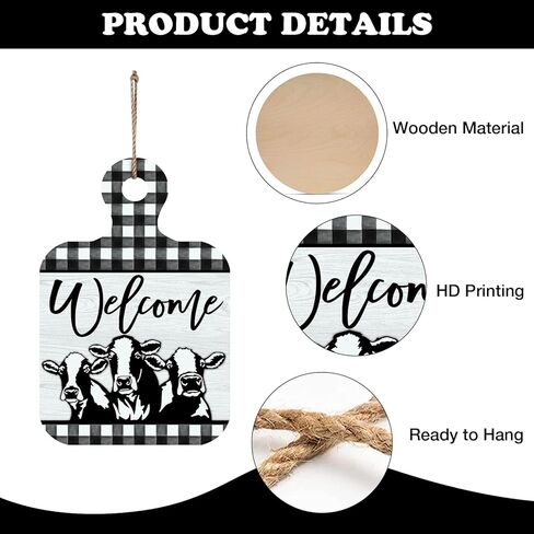 Welcome Farm Cow Cutting Board Shaped Front Door Sign, Farmhouse Animals Buffalo Plaid Wood Hanger Outdoor Outside Porch Home Decor,Vintage Country Wooden Wreath Indoor Wall Hanging Decoration in Kuwait