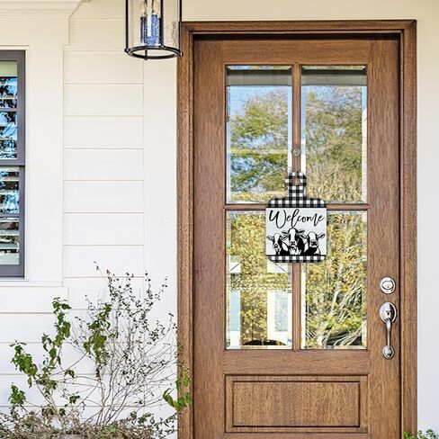 Welcome Farm Cow Cutting Board Shaped Front Door Sign, Farmhouse Animals Buffalo Plaid Wood Hanger Outdoor Outside Porch Home Decor,Vintage Country Wooden Wreath Indoor Wall Hanging Decoration in Kuwait