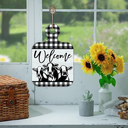 Welcome Farm Cow Cutting Board Shaped Front Door Sign, Farmhouse Animals Buffalo Plaid Wood Hanger Outdoor Outside Porch Home Decor,Vintage Country Wooden Wreath Indoor Wall Hanging Decoration in Kuwait