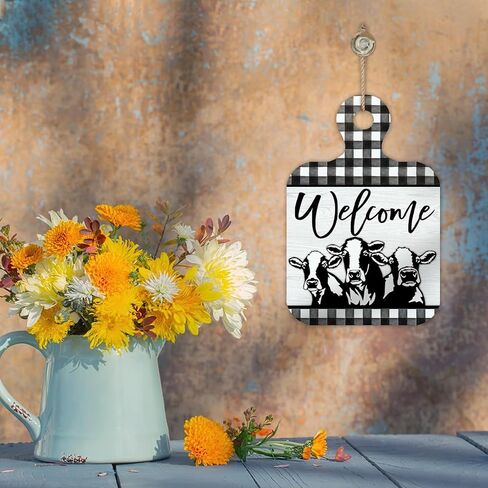 Welcome Farm Cow Cutting Board Shaped Front Door Sign, Farmhouse Animals Buffalo Plaid Wood Hanger Outdoor Outside Porch Home Decor,Vintage Country Wooden Wreath Indoor Wall Hanging Decoration in Kuwait