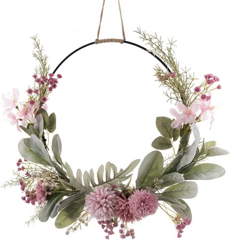 Floral Hoop Wreaths Spring Wreath for Front Door ArtificialHanging Wall Hoop Garland with Pink Clematis Tea Rose Flowers and Green Eucalyptus Leaves for Farmhouse Home in Saudi Arabia