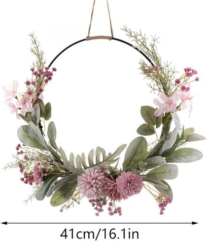 Floral Hoop Wreaths Spring Wreath for Front Door ArtificialHanging Wall Hoop Garland with Pink Clematis Tea Rose Flowers and Green Eucalyptus Leaves for Farmhouse Home in Saudi Arabia
