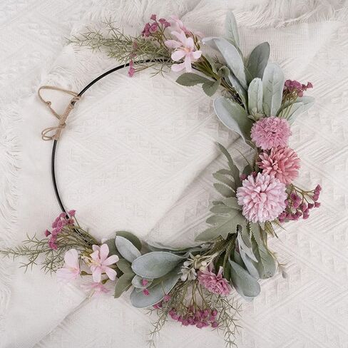 Floral Hoop Wreaths Spring Wreath for Front Door ArtificialHanging Wall Hoop Garland with Pink Clematis Tea Rose Flowers and Green Eucalyptus Leaves for Farmhouse Home in Saudi Arabia