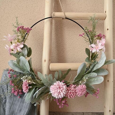 Floral Hoop Wreaths Spring Wreath for Front Door ArtificialHanging Wall Hoop Garland with Pink Clematis Tea Rose Flowers and Green Eucalyptus Leaves for Farmhouse Home in Saudi Arabia