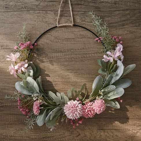 Floral Hoop Wreaths Spring Wreath for Front Door ArtificialHanging Wall Hoop Garland with Pink Clematis Tea Rose Flowers and Green Eucalyptus Leaves for Farmhouse Home in Saudi Arabia