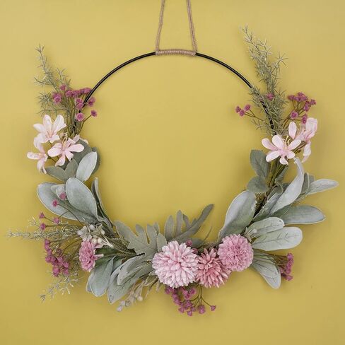 Floral Hoop Wreaths Spring Wreath for Front Door ArtificialHanging Wall Hoop Garland with Pink Clematis Tea Rose Flowers and Green Eucalyptus Leaves for Farmhouse Home in Saudi Arabia