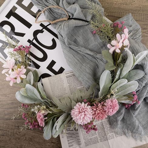 Floral Hoop Wreaths Spring Wreath for Front Door ArtificialHanging Wall Hoop Garland with Pink Clematis Tea Rose Flowers and Green Eucalyptus Leaves for Farmhouse Home in Saudi Arabia