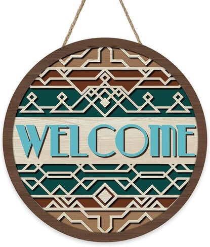 Native Indian Geometric Welcome Front Door Sign, Vintage Ethnic Tribal Wood Plaque Hanger Outdoor Porch Home Decor, Retro Boho African Farmhouse Wooden Wreath Indoor Wall Hanging Decoration in Kuwait