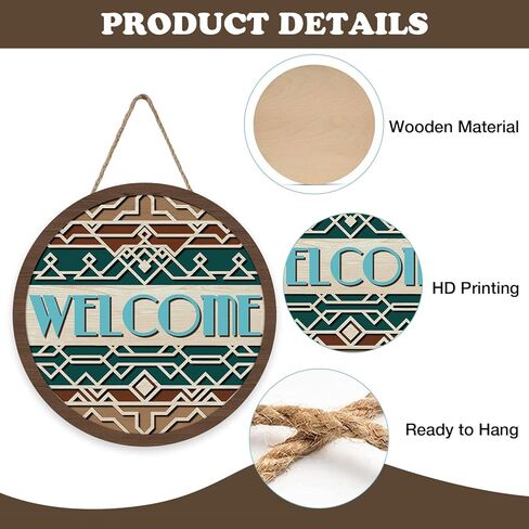 Native Indian Geometric Welcome Front Door Sign, Vintage Ethnic Tribal Wood Plaque Hanger Outdoor Porch Home Decor, Retro Boho African Farmhouse Wooden Wreath Indoor Wall Hanging Decoration in Kuwait