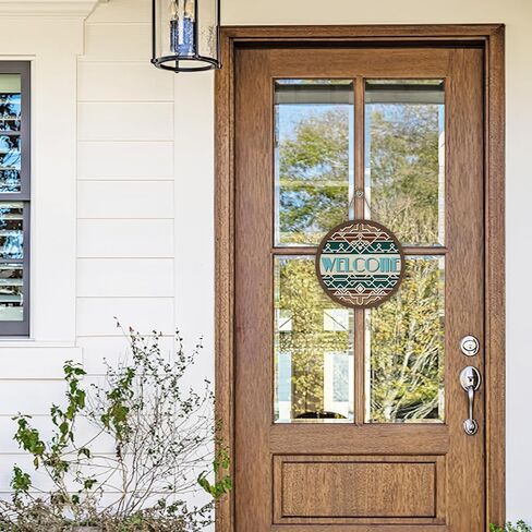 Native Indian Geometric Welcome Front Door Sign, Vintage Ethnic Tribal Wood Plaque Hanger Outdoor Porch Home Decor, Retro Boho African Farmhouse Wooden Wreath Indoor Wall Hanging Decoration in Kuwait