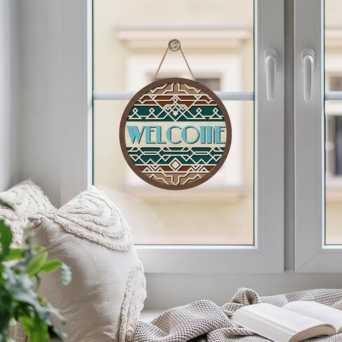 Native Indian Geometric Welcome Front Door Sign, Vintage Ethnic Tribal Wood Plaque Hanger Outdoor Porch Home Decor, Retro Boho African Farmhouse Wooden Wreath Indoor Wall Hanging Decoration in Kuwait