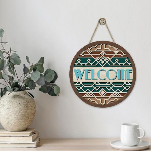 Native Indian Geometric Welcome Front Door Sign, Vintage Ethnic Tribal Wood Plaque Hanger Outdoor Porch Home Decor, Retro Boho African Farmhouse Wooden Wreath Indoor Wall Hanging Decoration in Kuwait