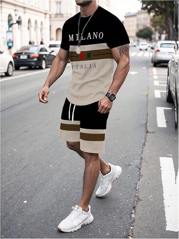 Men's Casual Outfits 2 Piece Short Set Color Block Letter Graphic Vintage Tees and Track Shorts in Saudi Arabia