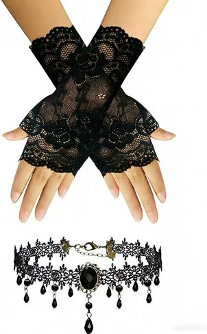 مجموعة إكسسوارات قوطية نسائية - قفازات سوداء من الدانتيل بدون أصابع وقلادة مخملية للهالوين، والحفلات الراقصة، وحفلات العشرينيات والحفلات التنكرية القوطية in Kuwait